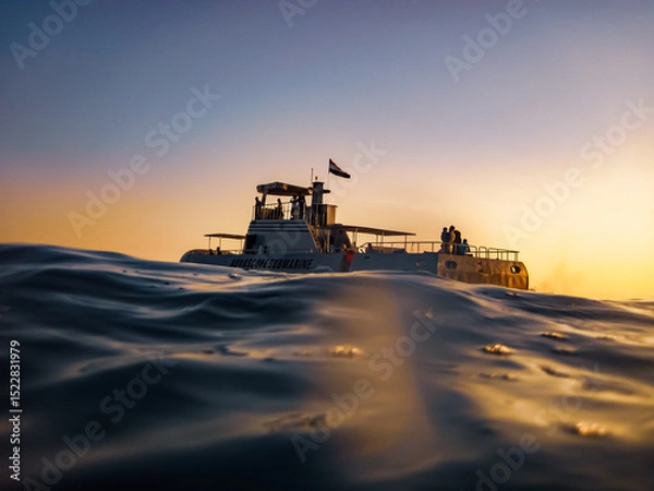 Obraz Sightseeing boat at sunset – ocean surface view with warm golden light and peaceful sea
