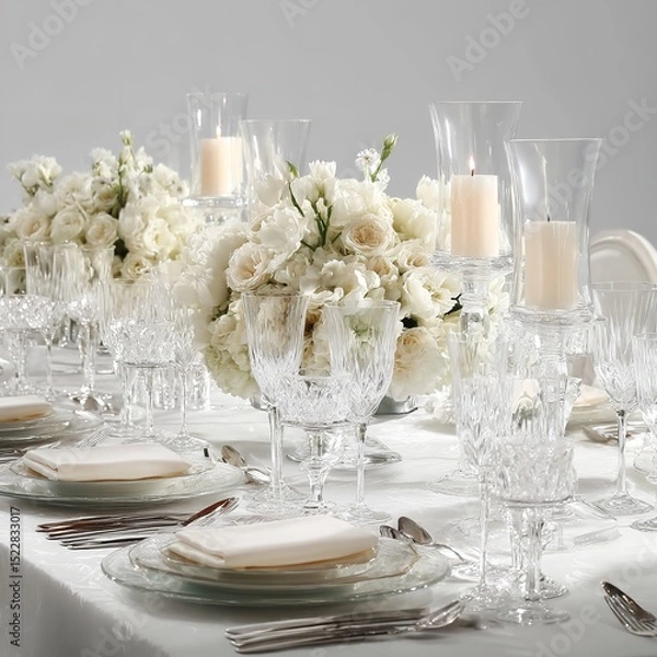 Fototapeta Elegant wedding table setting with white flowers candles and crystal glassware for event decor ideas