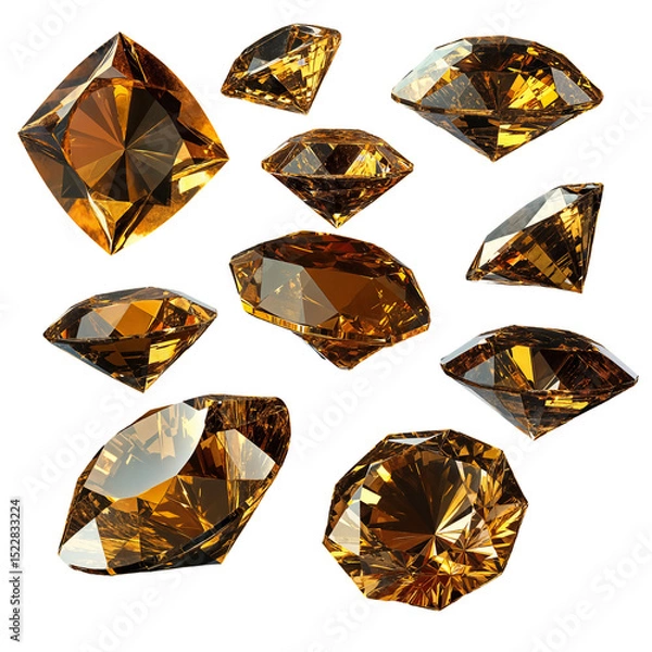 Fototapeta Collection of sparkling golden gem stones illustration on transparent background. Set of various cut diamonds for jewelry and luxury design content.