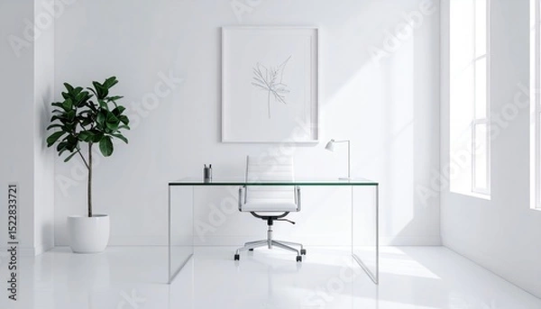 Obraz Clean workspace with plant and glass desk in minimal, bright, white interior