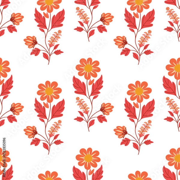 Obraz Seamless vector pattern with bright abstract flowers in folk art style on a white background. Perfect for textiles, wallpapers, wrapping paper, and vibrant surface design projects.