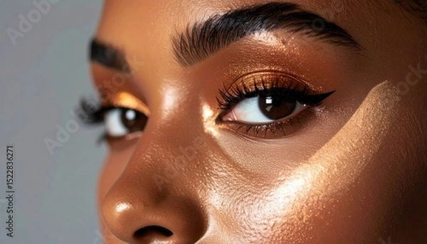 Obraz Woman's eyes with golden eyeshadow, thick brows, liner, and lush lashes. Skin glows with light