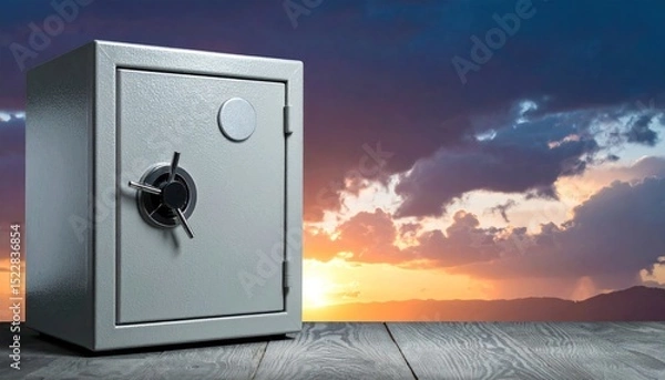 Obraz Metallic safe with dial on wood against dramatic sunset sky backdrop