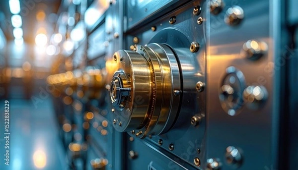 Obraz Close-up of a heavy metallic vault door featuring brass, steel, and bolts in a shallow depth of field