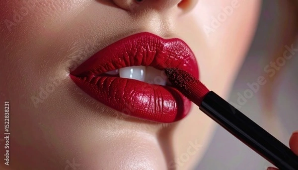 Obraz Crimson lips being touched up by applicator, teeth slightly visible