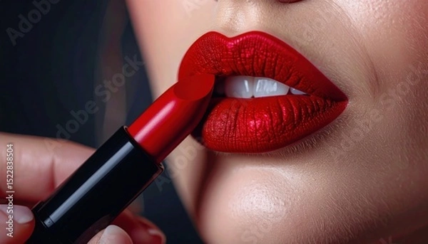 Obraz Red lipstick applied to full lips. Creamy texture, healthy skin, partial face view