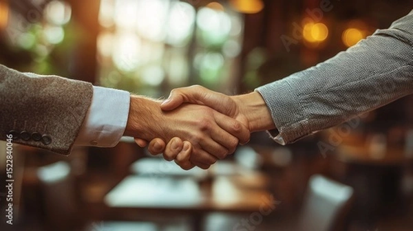 Fototapeta Business professionals engage in a handshake during a meeting in a modern office setting at sunset