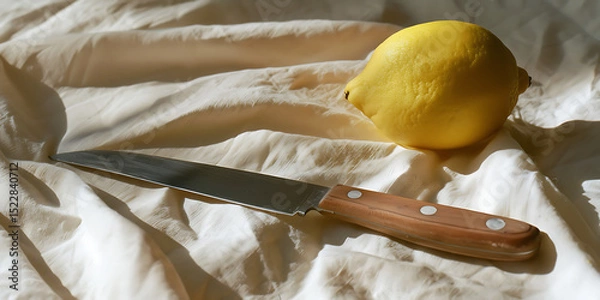 Fototapeta Sharp Kitchen Knife with Wooden Handle Next to Bright Lemon on Soft Cloth

