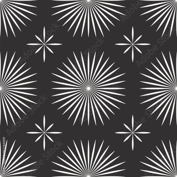 Fototapeta Seamless geometric starburst pattern in white on dark gray background