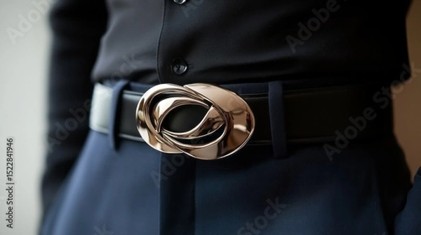Fototapeta Designer belt featuring a sculptural buckle displayed against a stylish outfit in an elegant setting