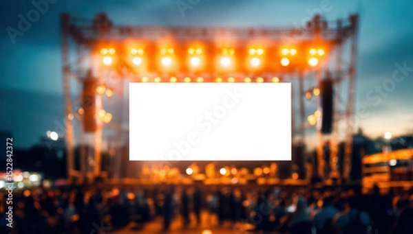 Fototapeta Bright orange lights illuminate a blank canvas on an outdoor concert stage as the crowd anticipates the evening performance