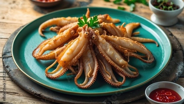 Fototapeta Deep Fried Squids On A Plate with Empty Copy Space For Text