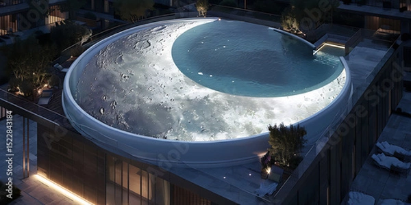 Fototapeta Moon-Inspired Rooftop Pool Illuminated at Night with Crescent Design

