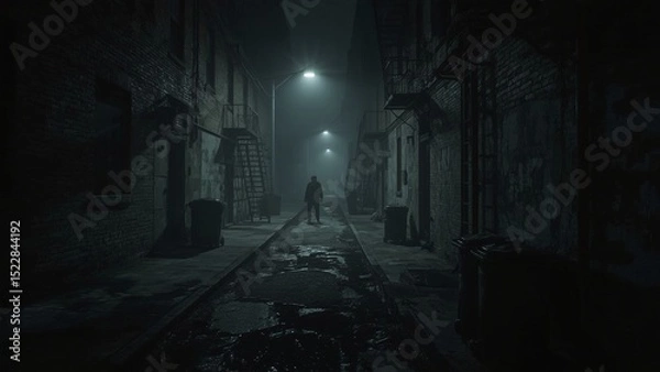 Fototapeta A narrow alleyway shrouded in fog, illuminated by streetlamps, creating an ominous feeling as a figure emerges from the shadows.