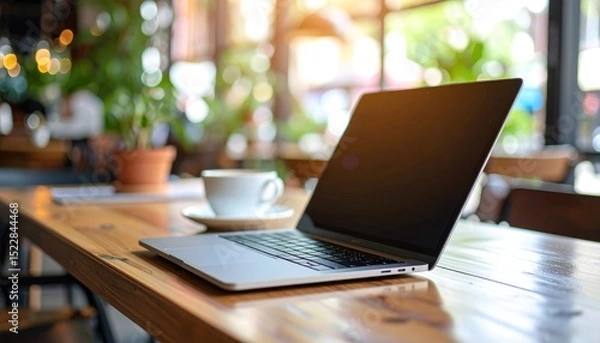 Obraz Laptop and coffee on wood table, bright light from window, plants in blurred background