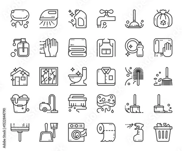Fototapeta Cleaning icons Black outlines show a collection of various cleaning tools and supplies