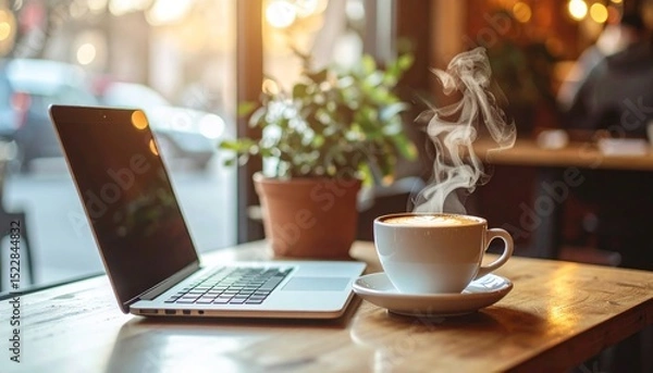 Obraz Coffee cup steaming next to a laptop on a wooden table, plants, bright window behind
