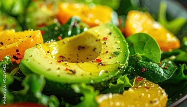 Obraz Salad with sliced avocado, orange segments, and green leaves