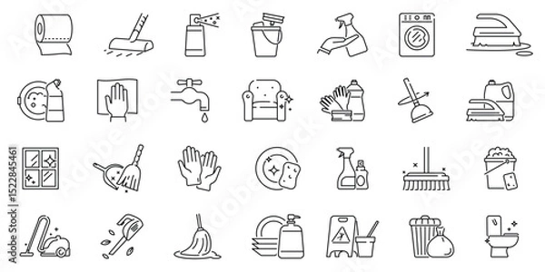 Fototapeta Line art showcases cleaning supplies and actions neatly arranged