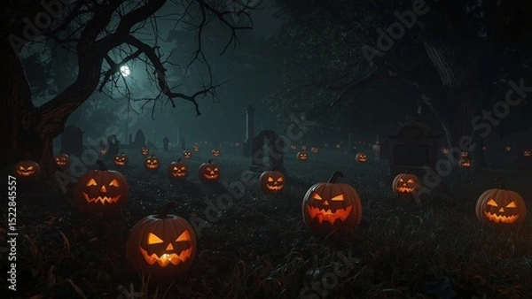Fototapeta A spooky Halloween scene featuring carved pumpkins glowing in a misty graveyard, creating an eerie atmosphere under the moonlight.