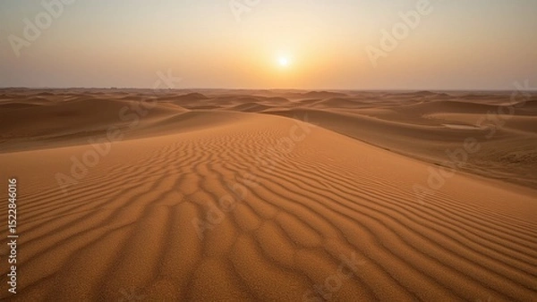 Fototapeta A stunning view of golden sand dunes at sunrise, capturing the serenity of the desert landscape as the sun rises above the horizon.