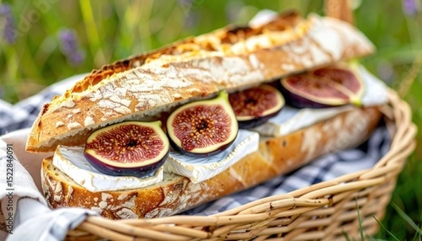 Obraz Fig & brie sandwich on baguette in a basket, on picnic blanket, soft focus background