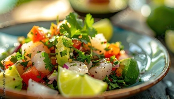 Obraz Ceviche close-up cubed white fish, tomatoes, lime, red onion, cilantro on blue plate