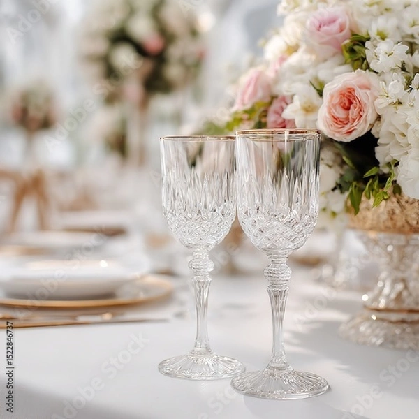 Fototapeta Elegant Gold Cutlery and Floral Table Setting - Luxury Dining and Fine Tablewar