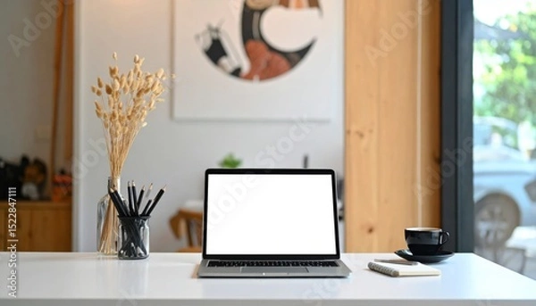 Obraz Desk with laptop, vase of dried grass, pencils, coffee cup against blurred background