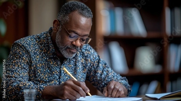 Fototapeta Mature man engaged in focused paperwork at a cozy indoor workspace in the afternoon light