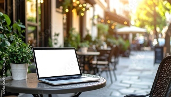 Obraz Laptop on outdoor cafe table, white screen, blurred background shows building and sunlit street