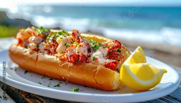 Obraz Lobster roll on plate, lemon wedge, ocean backdrop