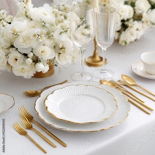 Fototapeta Elegant white and gold wedding table setting with floral centerpiece and luxury tableware for event