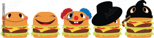 Fototapeta Five unique burger characters, each with distinct expressions and accessories, stacked with fresh lettuce, cheese, tomato, and patties.
