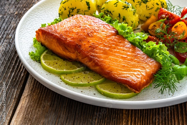 Fototapeta Seared salmon steak with cherry tomato salad and boiled potatoes on wooden table	