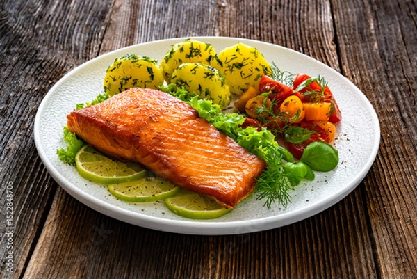 Fototapeta Seared salmon steak with cherry tomato salad and boiled potatoes on wooden table	