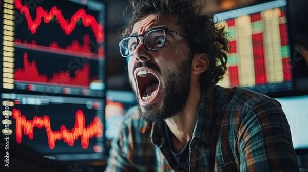 Fototapeta Trader expresses frustration and anger after significant stock market loss during a volatile trading session
