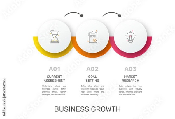 Fototapeta Business vector infographic design template. Circle timeline with icons and 3 three arrows or steps. Used for process diagram, presentations, workflow layout, info graph, banner, flow chart