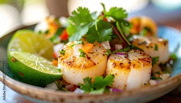 Obraz Seared scallops with lime, cilantro, & chopped vegetables in a blue bowl. Delicious appetizer