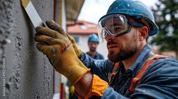 Fototapeta Construction worker using a circular saw to cut into cement or concrete wall.