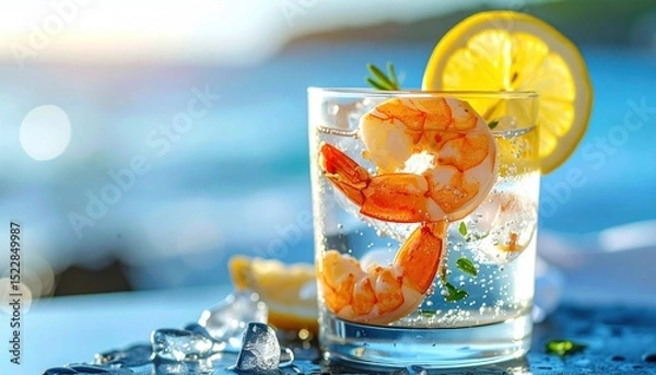 Obraz Shrimp cocktail. Clear glass, lemon slice, ice cubes, shrimp, blurred sea background, bright light