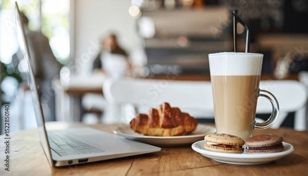 Obraz Cafe scene laptop, latte, croissant, macarons on a wooden table, blurred background