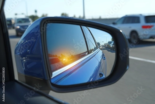 Fototapeta Reflection of a sunset in a side mirror while cruising on a busy highway during late afternoon