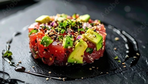 Obraz Tuna tartare tower with avocado and sesame seeds on dark slate, drizzled sauce