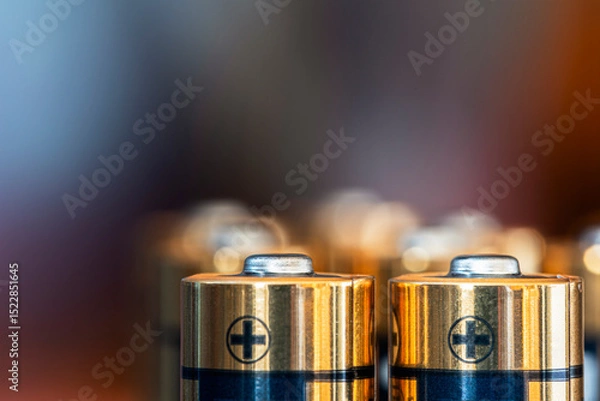 Obraz Close-up of AA alkaline batteries standing upright with a blurred industrial background