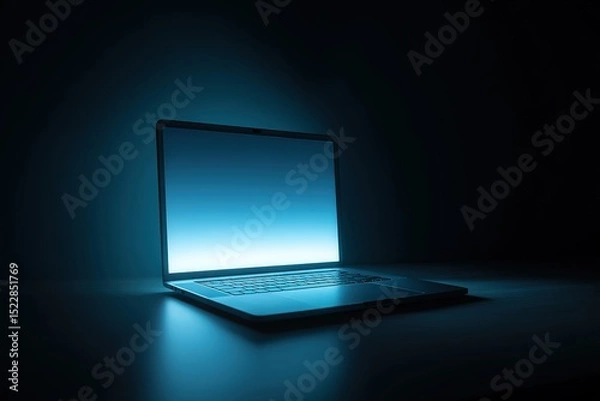 Fototapeta Laptop emits soft glow in dark environment highlighting modern technology and digital connectivity