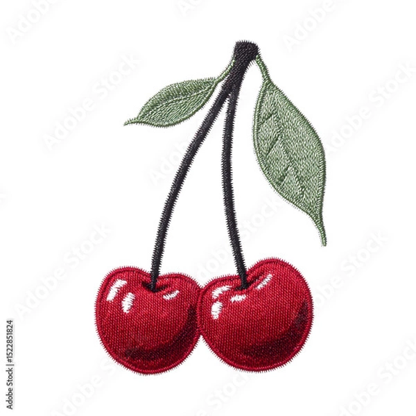 Obraz Vibrant embroidered patch featuring two red cherries with green leaves, showcasing intricate stitching and playful design. Perfect for adding touch of fun to clothing or accessories