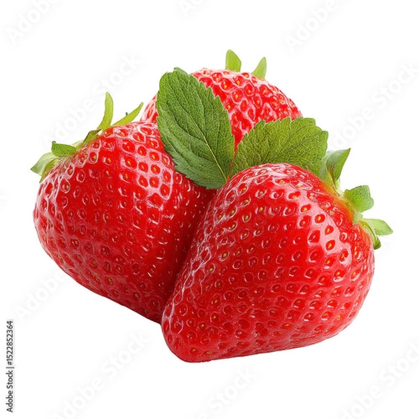 Obraz Three ripe strawberries with vibrant red color and fresh green leaves are grouped together, showcasing their juicy texture and natural appeal