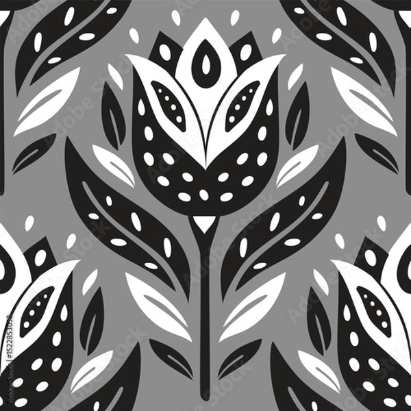Fototapeta Seamless black and white tulip folk pattern on gray background