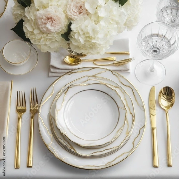 Fototapeta Elegant gold and white dinnerware set for formal dining table setting and special occasions decor ideas